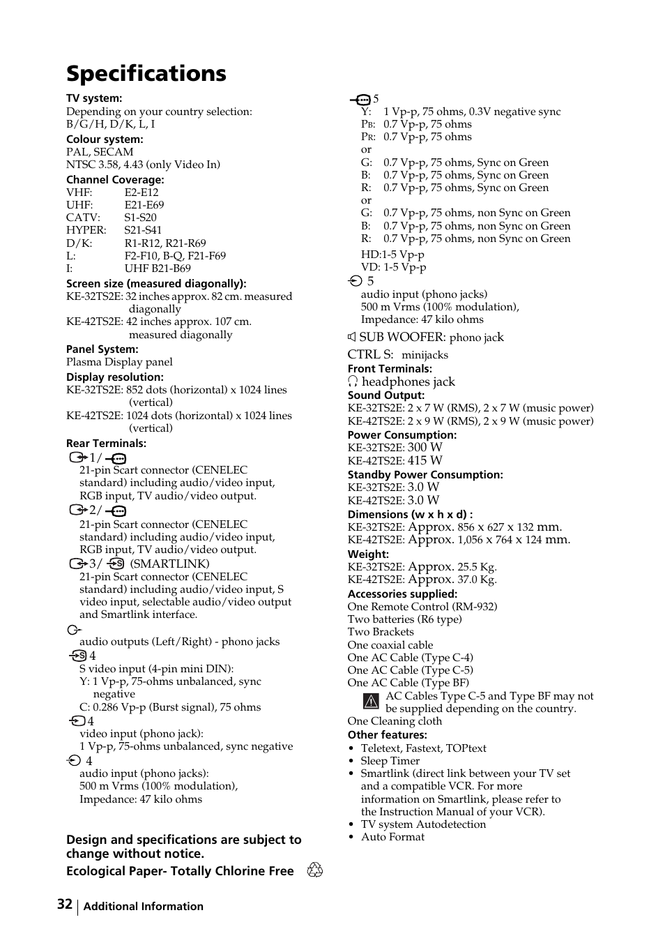 Specifications | Sony KE-32TS2E User Manual | Page 32 / 135