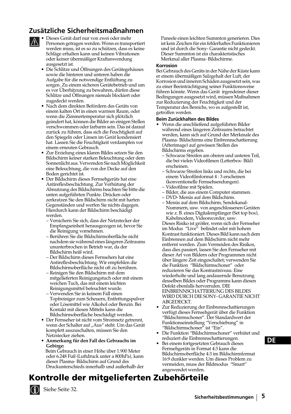 Kontrolle der mitgelieferten zubehörteile, De zusätzliche sicherheitsmaßnahmen | Sony KE-32TS2E User Manual | Page 38 / 135