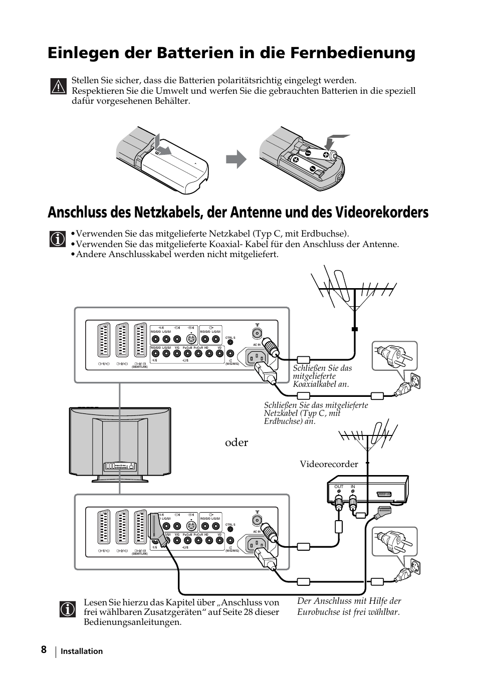 Installation, Einlegen der batterien in die fernbedienung, Oder | Videorecorder | Sony KE-32TS2E User Manual | Page 41 / 135