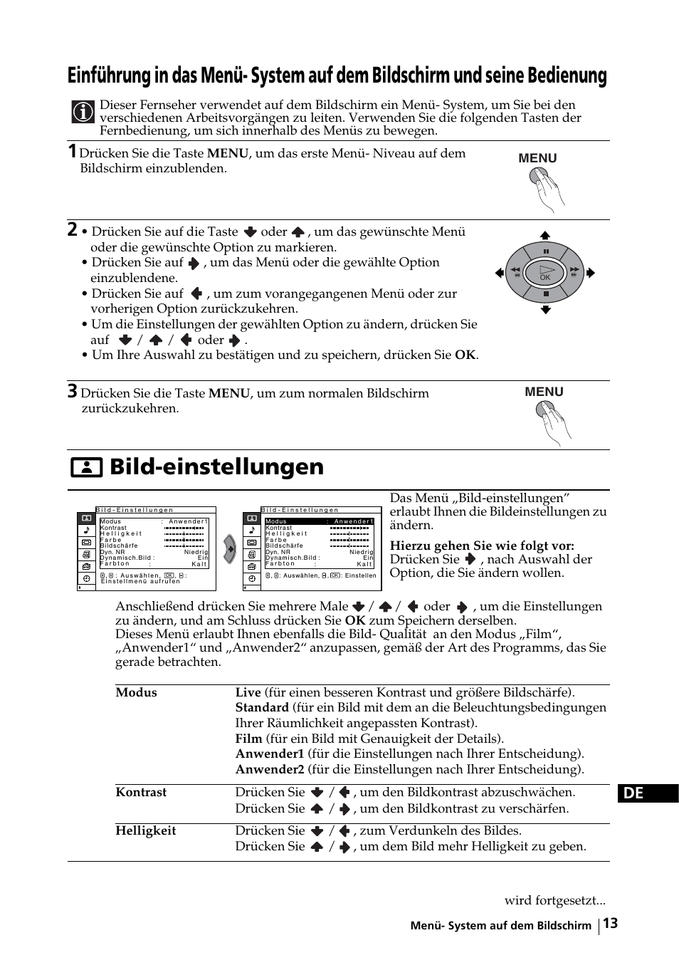 Menü- system auf dem bildschirm, Bild-einstellungen | Sony KE-32TS2E User Manual | Page 46 / 135