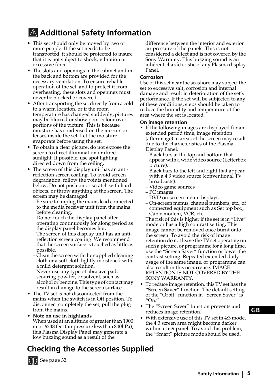 Additional safety information, Checking the accessories supplied | Sony KE-32TS2E User Manual | Page 5 / 135