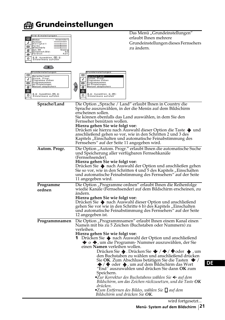 Grundeinstellungen | Sony KE-32TS2E User Manual | Page 54 / 135