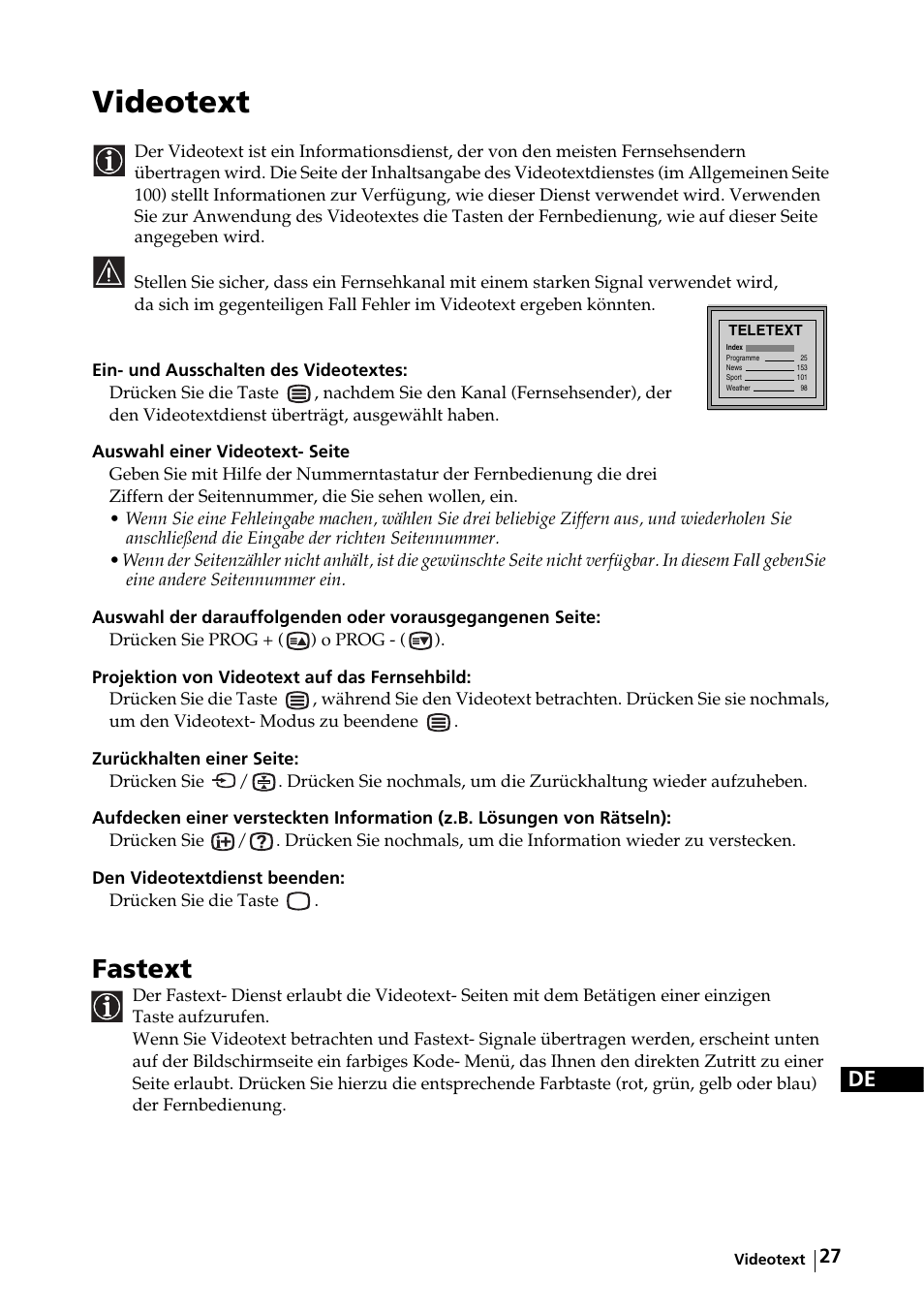 Videotext, Fastext | Sony KE-32TS2E User Manual | Page 60 / 135