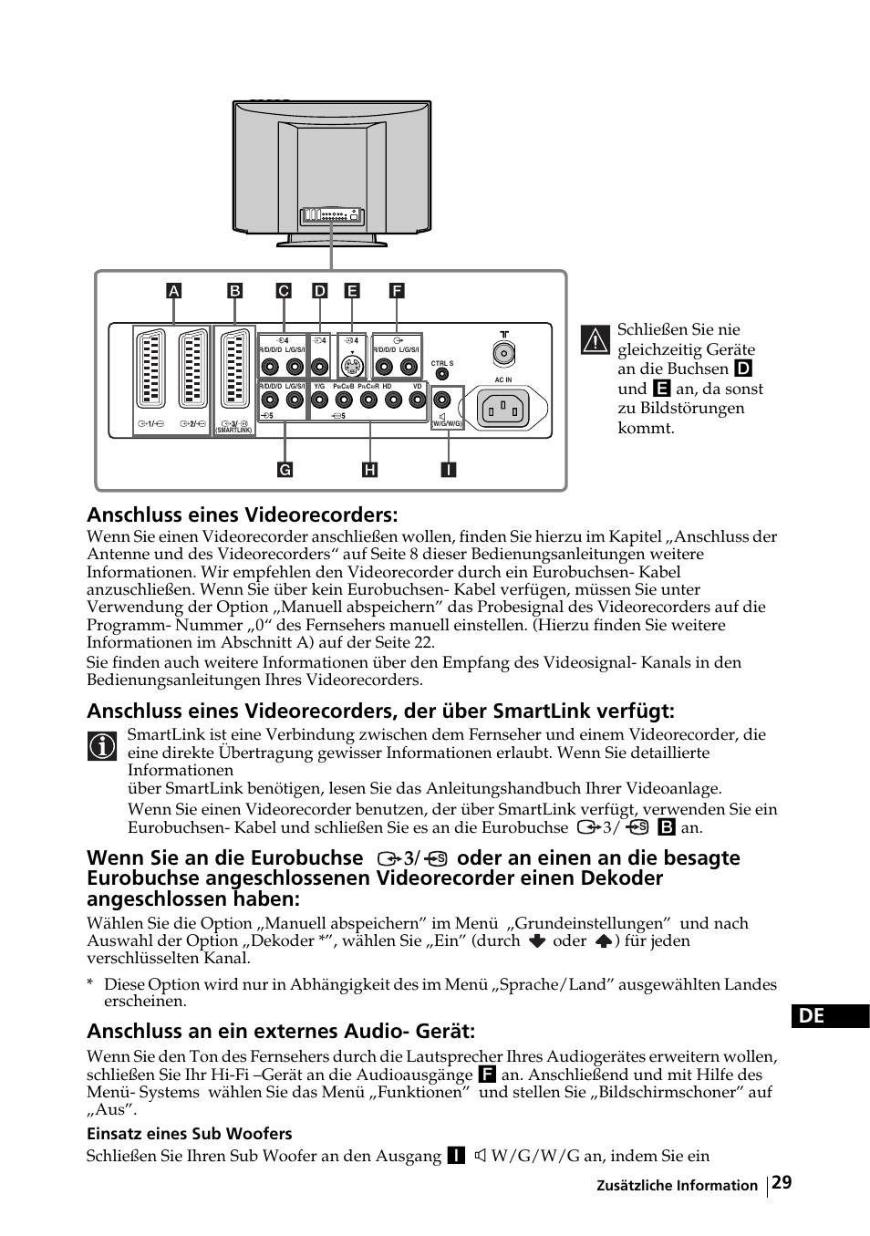 De anschluss eines videorecorders, Anschluss an ein externes audio- gerät, Oder | Sony KE-32TS2E User Manual | Page 62 / 135