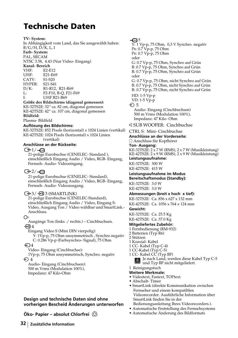 Technische daten | Sony KE-32TS2E User Manual | Page 65 / 135