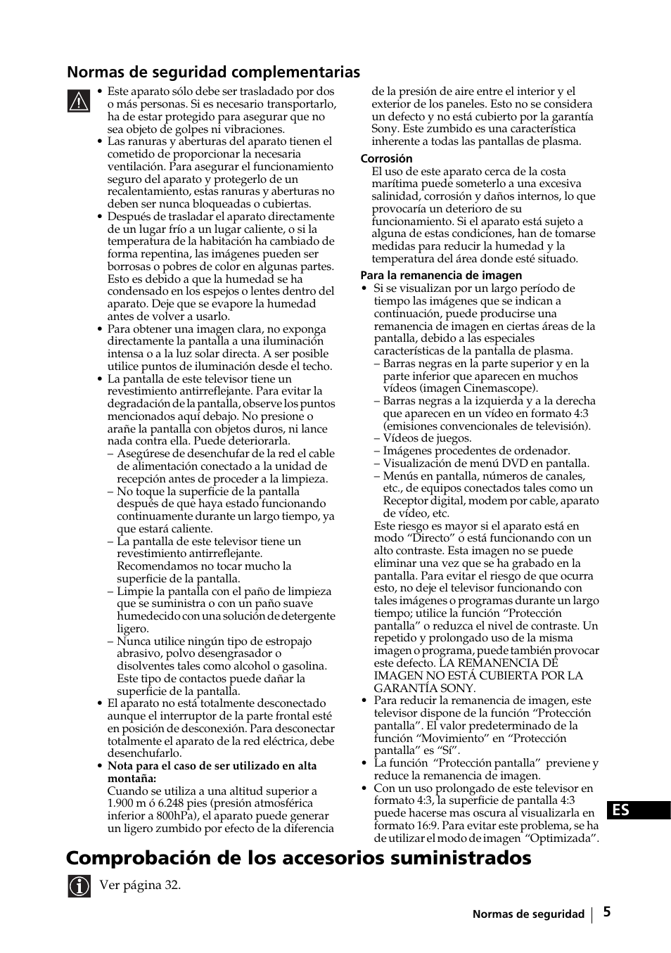 Comprobación de los accesorios suministrados, Es normas de seguridad complementarias | Sony KE-32TS2E User Manual | Page 70 / 135