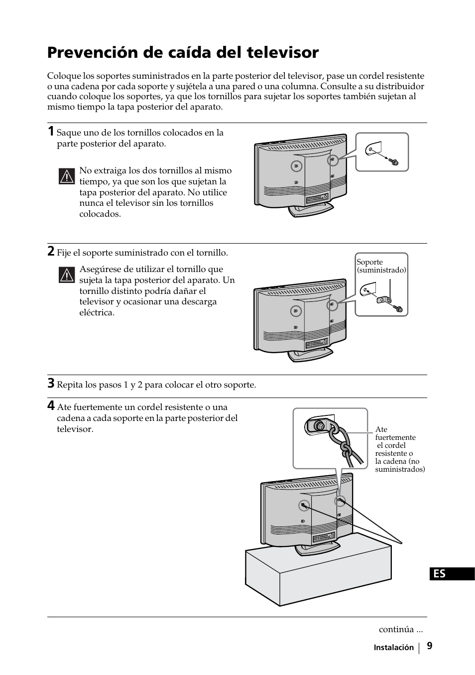 Prevención de caída del televisor | Sony KE-32TS2E User Manual | Page 74 / 135