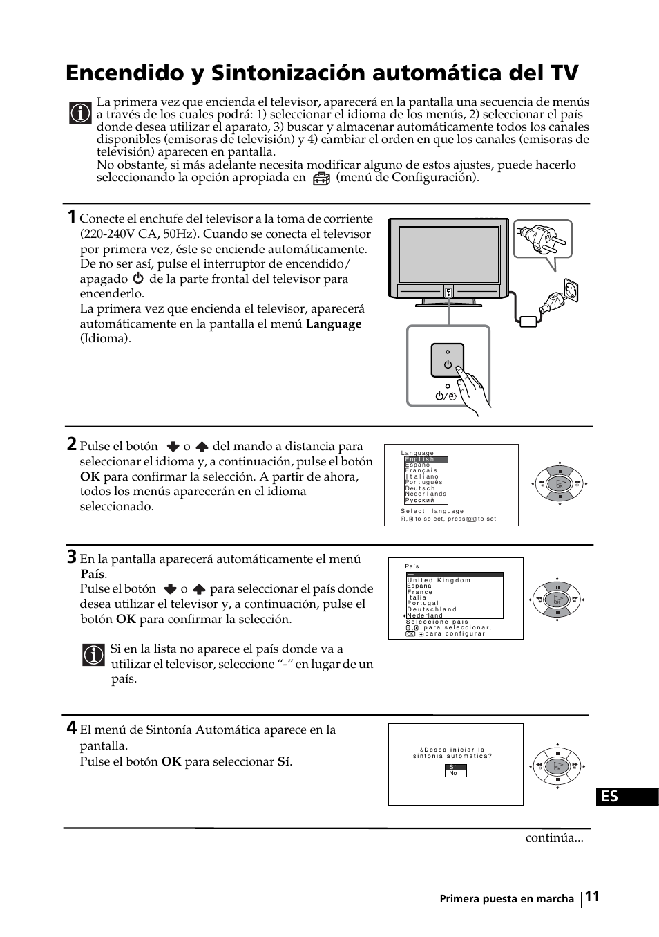 Primera puesta en marcha, Encendido y sintonización automática del tv, Encendido y sintonización automática del televisor | Sony KE-32TS2E User Manual | Page 76 / 135