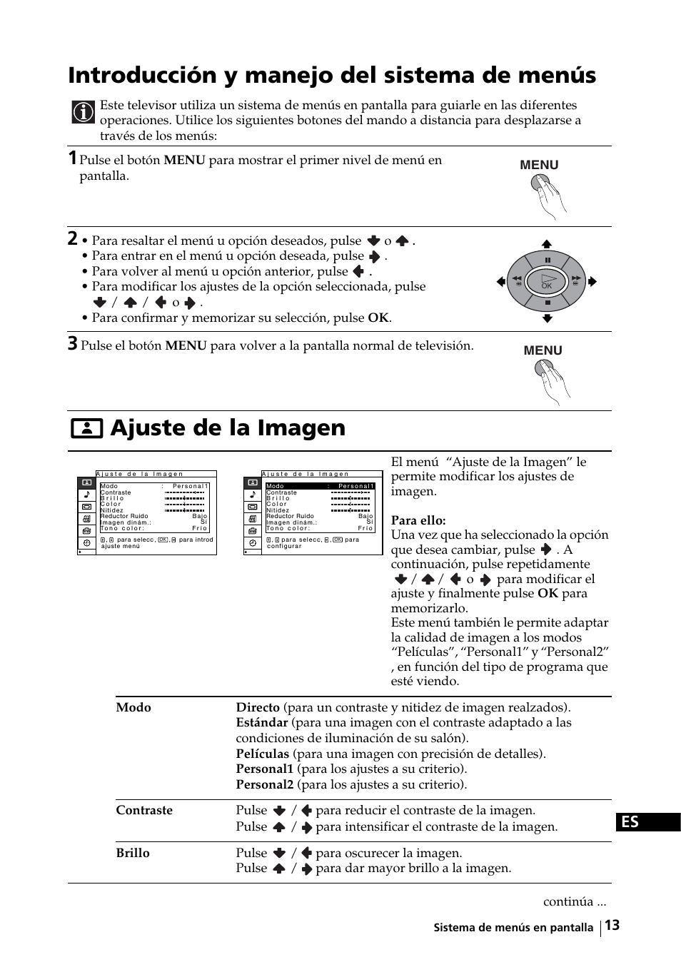 Sistema de menús en pantalla, Introducción y manejo del sistema de menús, Ajuste de la imagen | Sony KE-32TS2E User Manual | Page 78 / 135