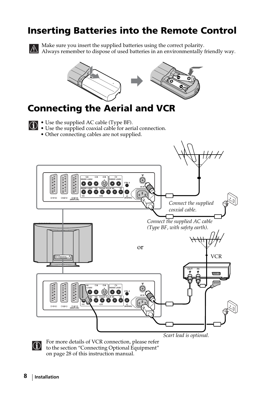 Installation, Inserting batteries into the remote control, Connecting the aerial and vcr | Sony KE-32TS2E User Manual | Page 8 / 135