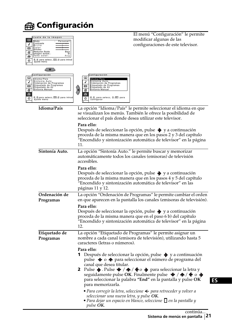 Configuración, Y a continuación pulse, Continúa | Sony KE-32TS2E User Manual | Page 86 / 135