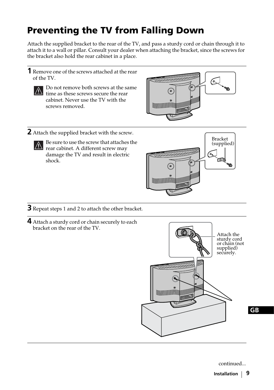 Preventing the tv from falling down | Sony KE-32TS2E User Manual | Page 9 / 135