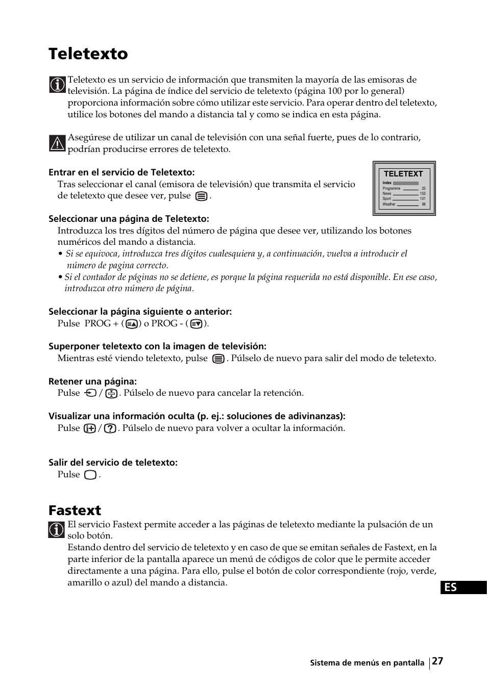 Teletexto, Fastext | Sony KE-32TS2E User Manual | Page 92 / 135