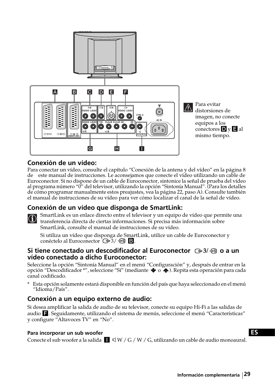 Es conexión de un vídeo, 3/ o a un vídeo conectado a dicho euroconector, Conexión a un equipo externo de audio | Sony KE-32TS2E User Manual | Page 94 / 135