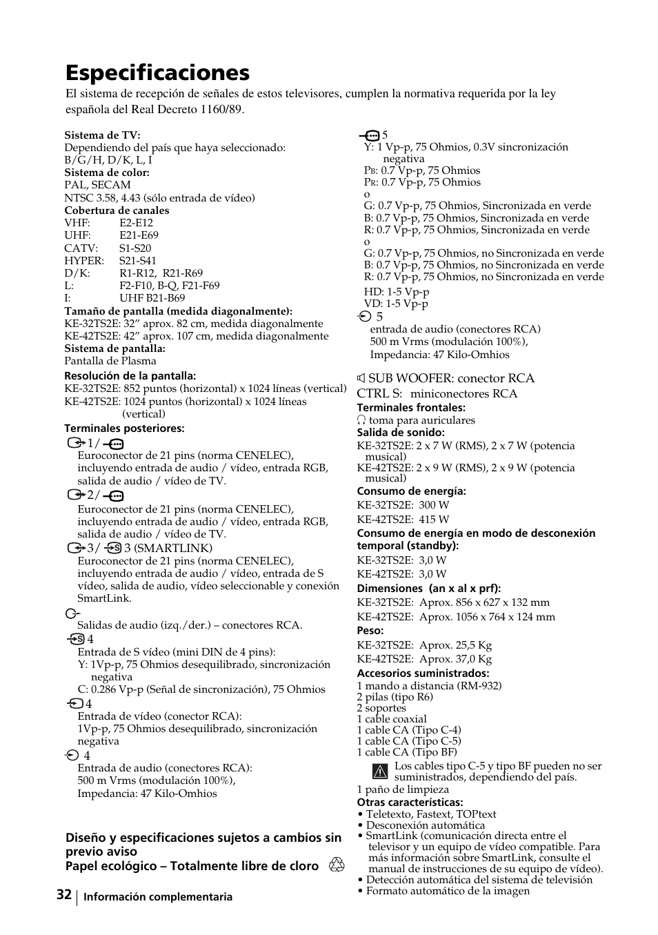 Especificaciones | Sony KE-32TS2E User Manual | Page 97 / 135
