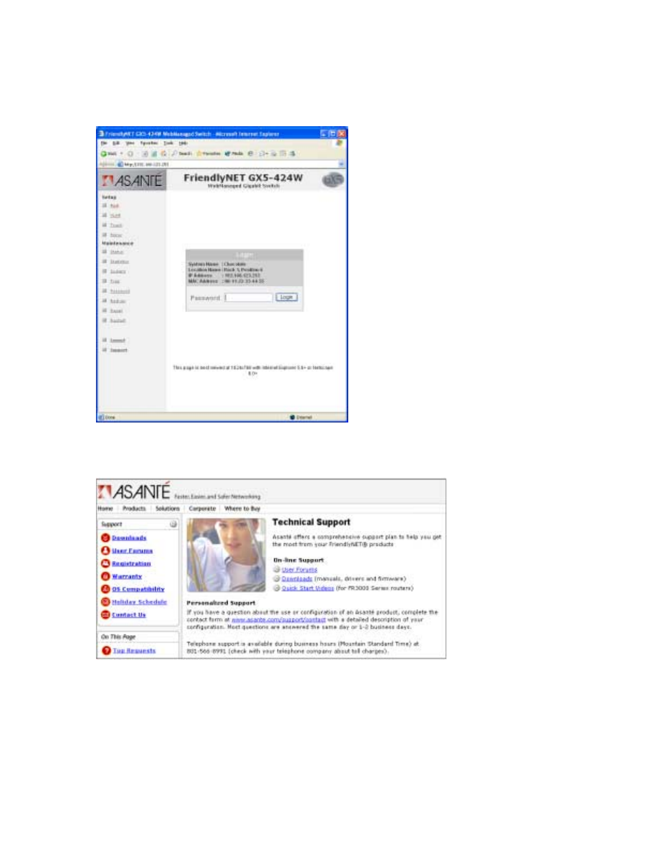 Logout, Support | Asante Technologies GX5-424W User Manual | Page 35 / 41