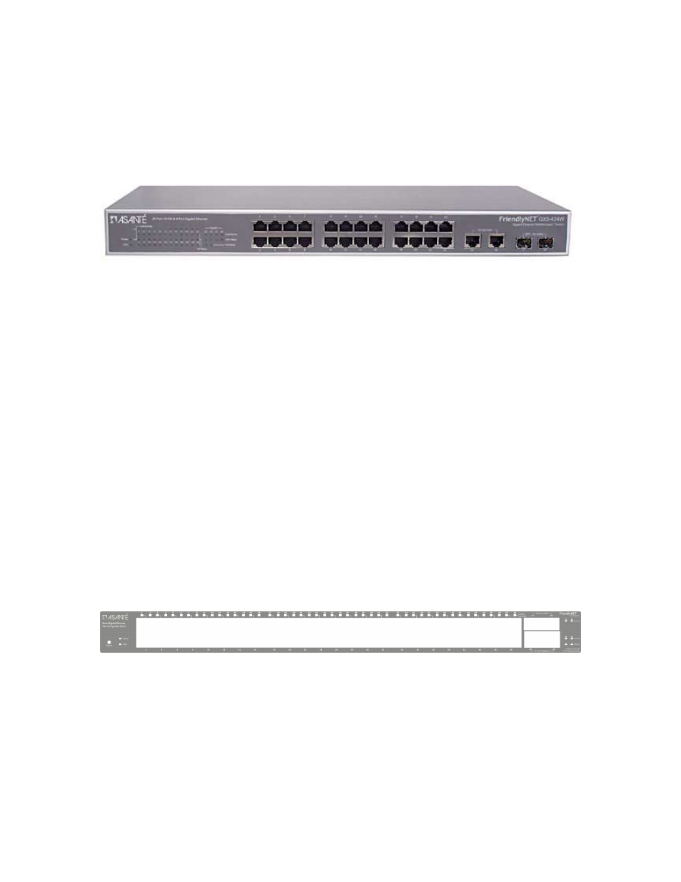 Chapter 3 identifying external components, Gx5-424w front panel, Gx5-448w front panel | Asante Technologies GX5-424W User Manual | Page 8 / 41