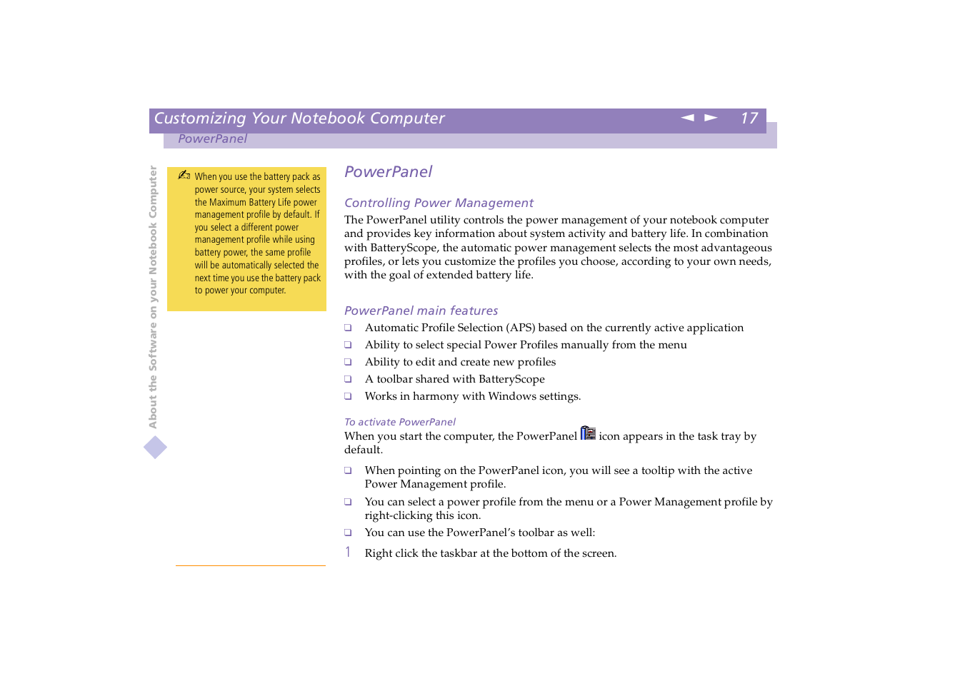 Powerpanel | Sony PCG-X18 User Manual | Page 17 / 53