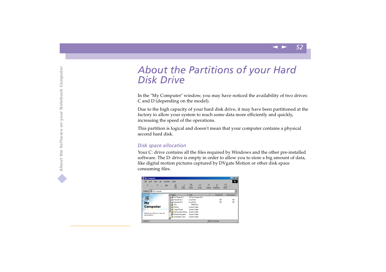 About the partitions of your hard disk drive | Sony PCG-X18 User Manual | Page 52 / 53