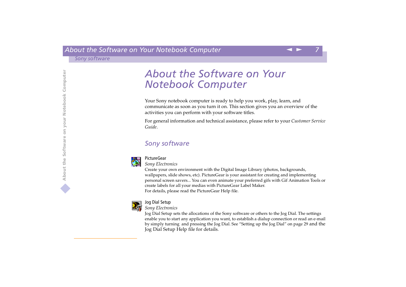 About the software on your notebook computer, Sony software | Sony PCG-X18 User Manual | Page 7 / 53