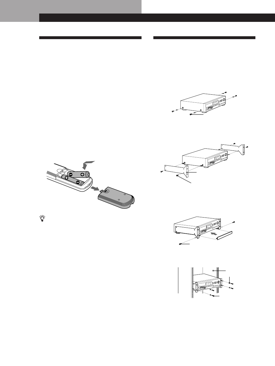 Déballage, Installation dans un rack, Préparatifs | Mise en place des piles dans la télécommande | Sony PCM-R300 User Manual | Page 28 / 76