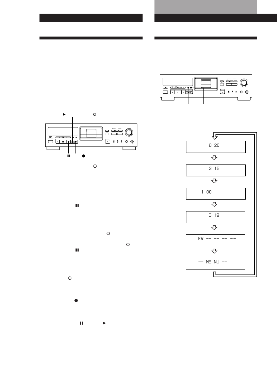 Utilisation de l’affichage, Lecture, Enregistrement | Pour réinitialiser le temps de lecture écoulé, Pour reprendre l’enregistrement, Me nu | Sony PCM-R300 User Manual | Page 36 / 76