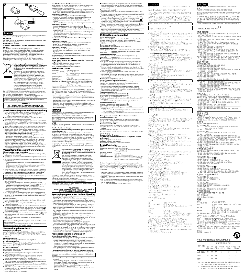 Vorsichtsmaßregeln vor der verwendung, Vorsichtsmaßregeln zur verwendung, Verwendung dieses geräts | Technische daten, Precauciones para antes de la utilización, Precauciones para la utilización, Utilización de esta unidad, Especificaciones, ٻңࠊ໹ݨཏ, ٻңਣ໹ݨཏ | Sony MSRW-D1 User Manual | Page 2 / 2