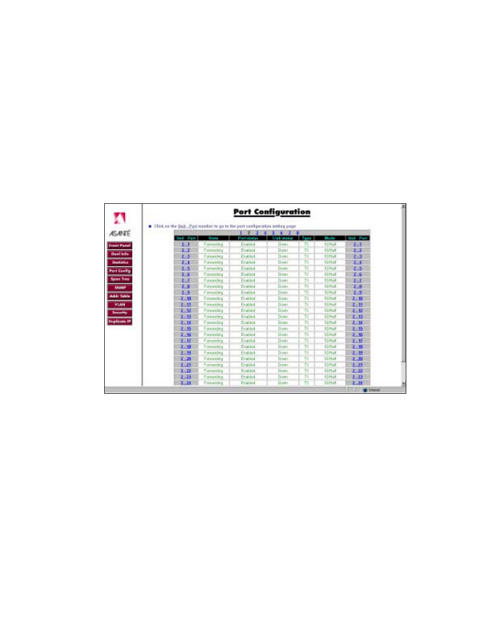 4 port config (port configuration) button | Asante Technologies 3524 Series User Manual | Page 58 / 82