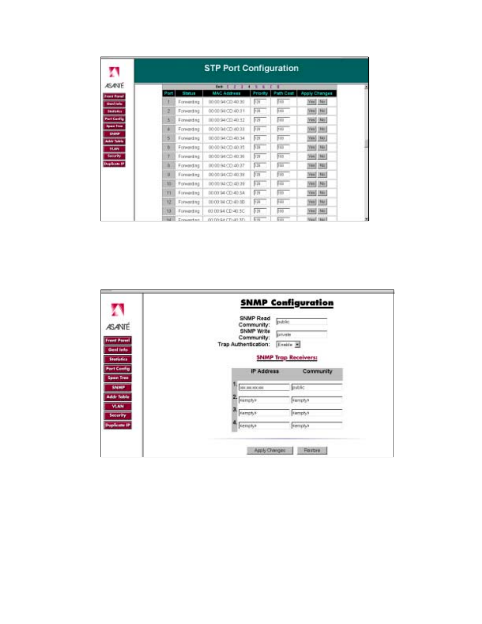 6 snmp button, 7 addr (address) table button | Asante Technologies 3524 Series User Manual | Page 60 / 82