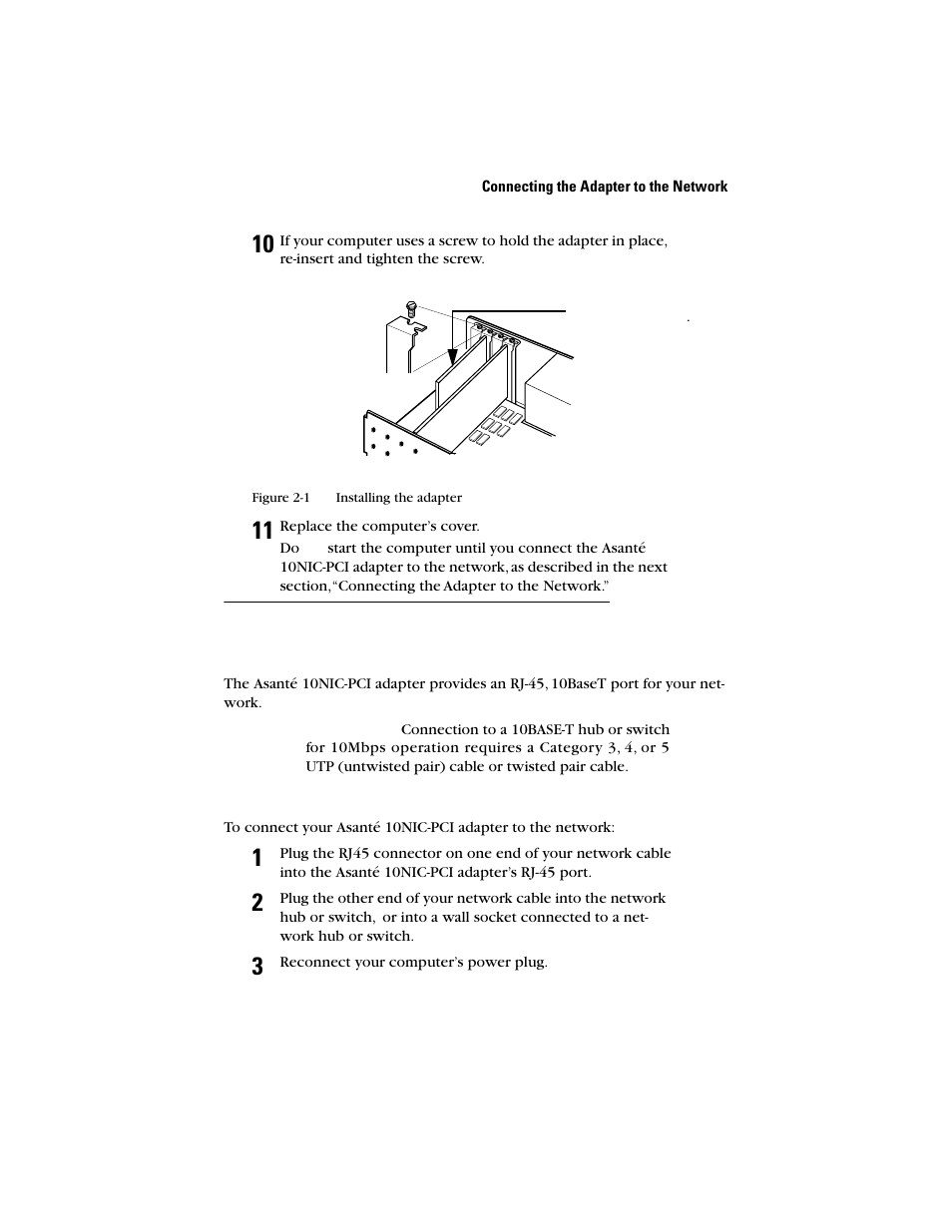 Connecting the adapter to the network | Asante Technologies 10NIC-PCITM User Manual | Page 11 / 50