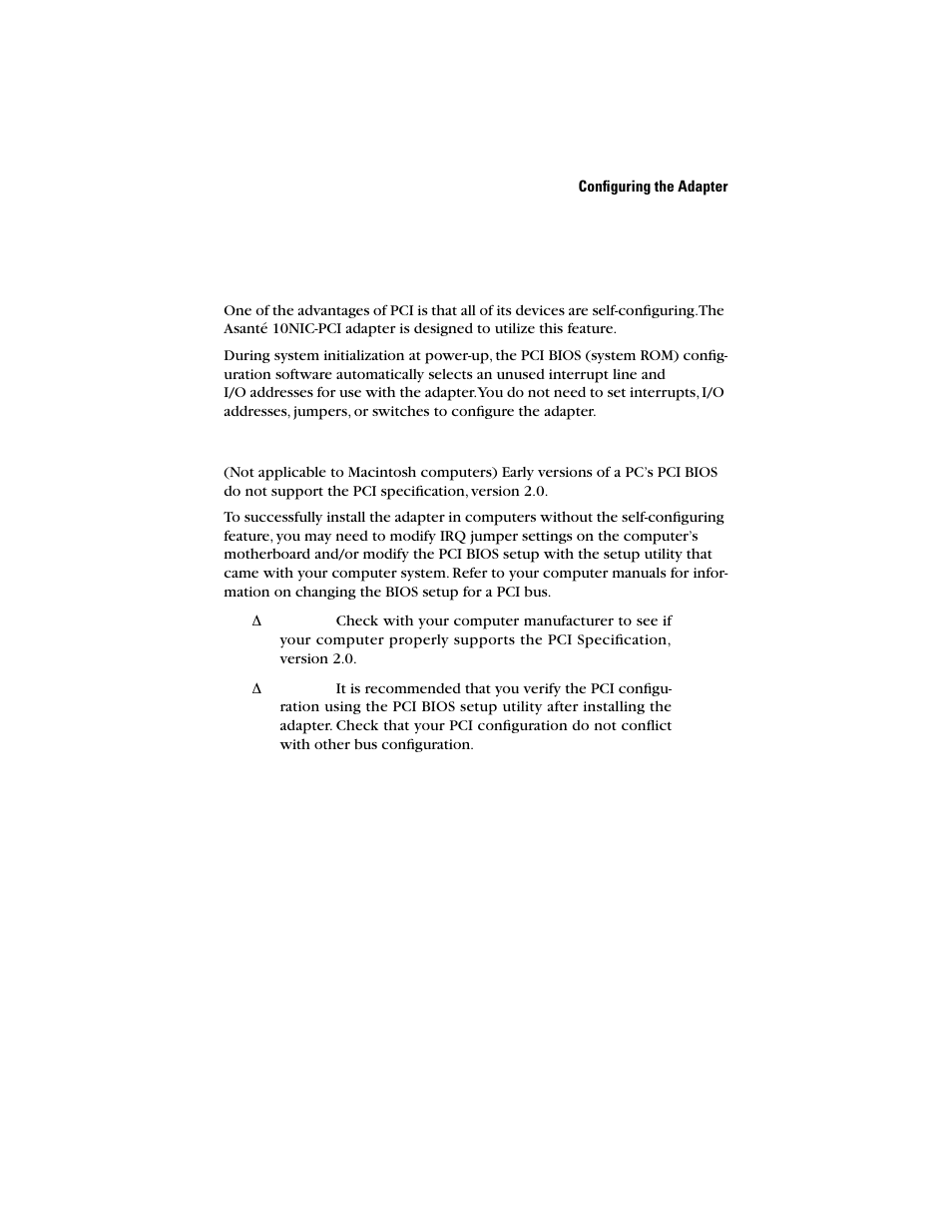 Configuring the adapter, Self-configuring the adapter, Computers without the self-configuring feature | Asante Technologies 10NIC-PCITM User Manual | Page 13 / 50