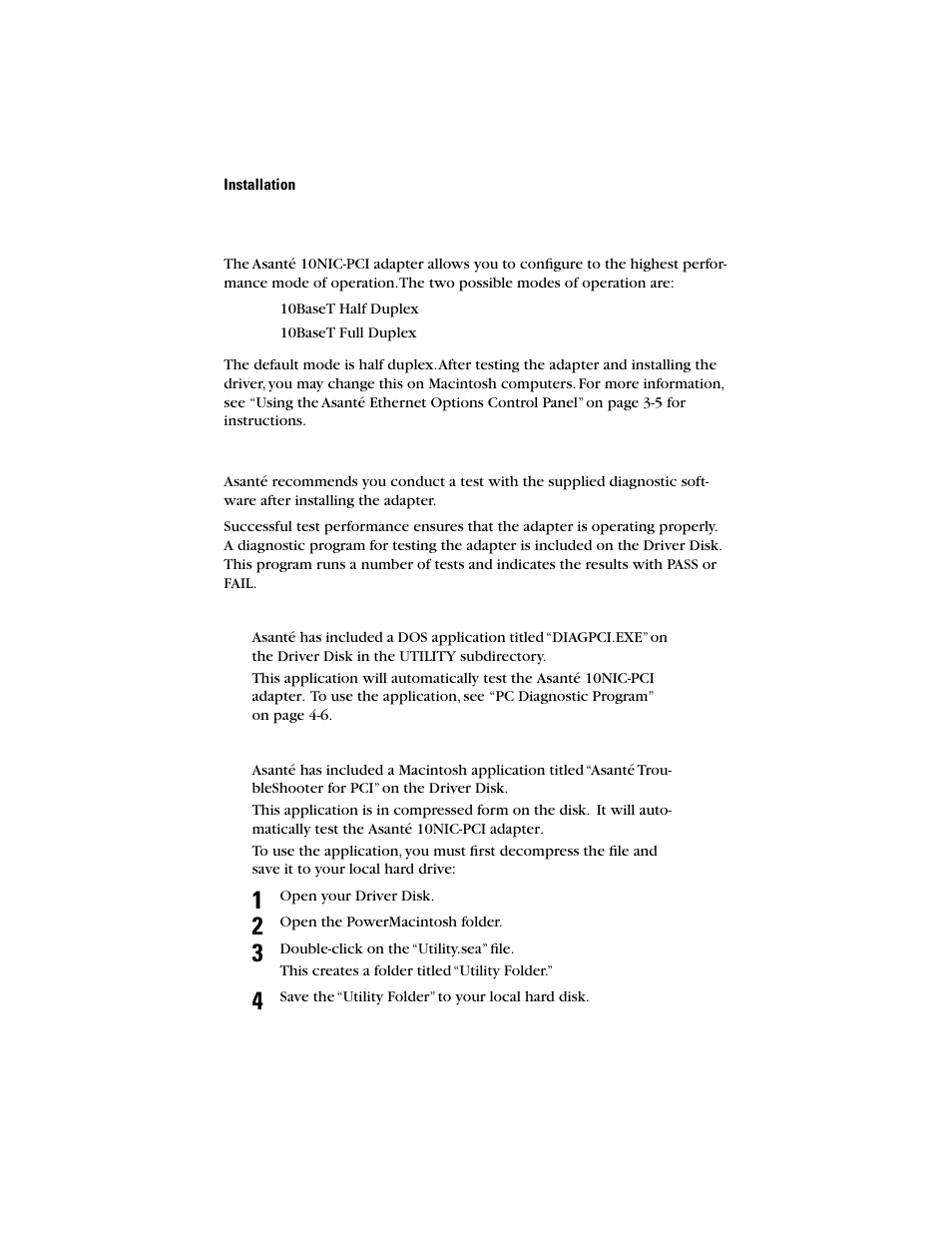 Full or half duplex operation, Testing the adapter | Asante Technologies 10NIC-PCITM User Manual | Page 14 / 50