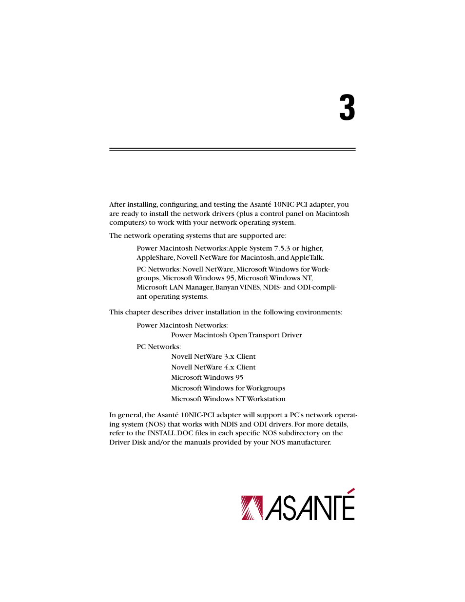 Installing network drivers, Network operating systems supported | Asante Technologies 10NIC-PCITM User Manual | Page 17 / 50