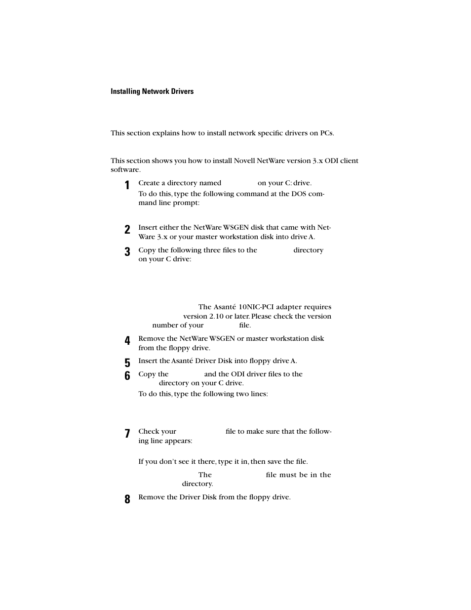 Pc networks, Installing the novell netware 3.x client | Asante Technologies 10NIC-PCITM User Manual | Page 24 / 50