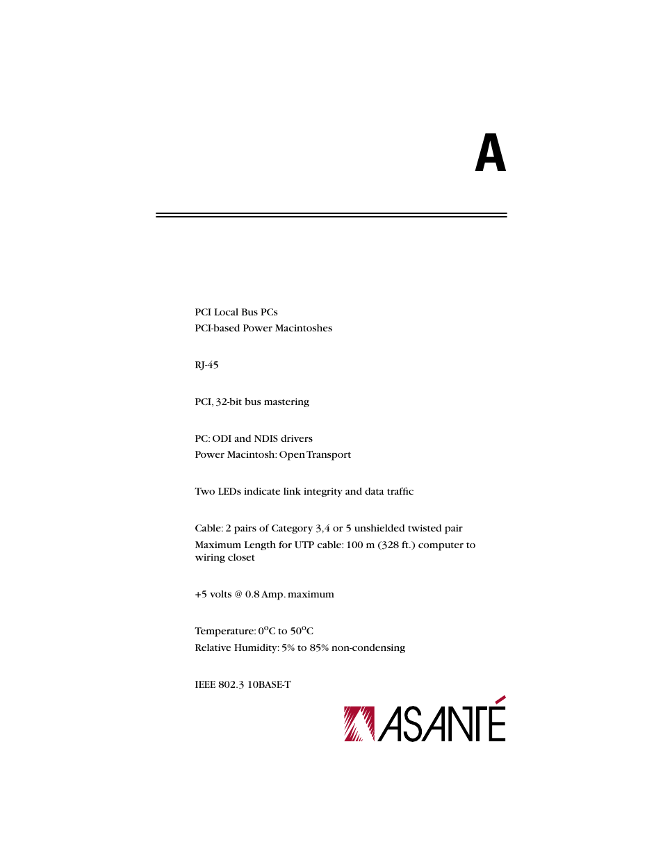 Specifications, Asanté 10nic-pci adapter | Asante Technologies 10NIC-PCITM User Manual | Page 43 / 50