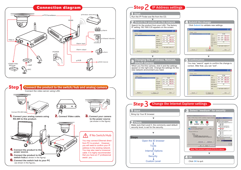 Step, Connection diagram, Ip address settings | Change the internet explorer settings | Asante Technologies SECURE NET 6001/P/W User Manual | Page 2 / 3