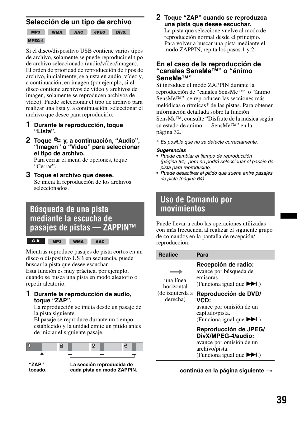 Selección de un tipo de archivo, Uso de comando por movimientos | Sony XNV-660BT User Manual | Page 117 / 248