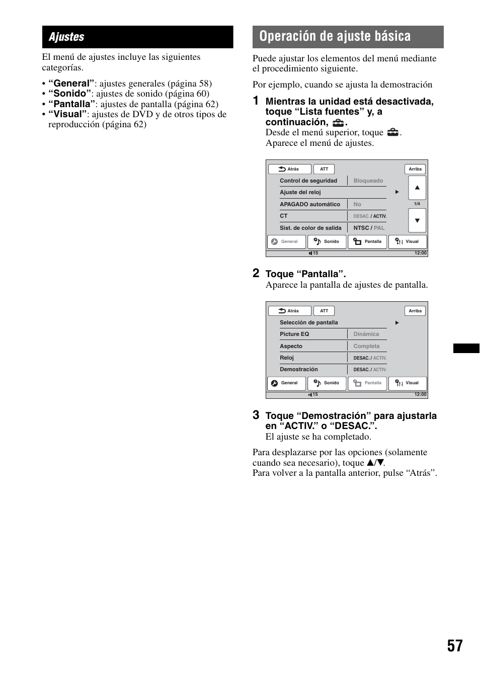 Ajustes, Operación de ajuste básica | Sony XNV-660BT User Manual | Page 135 / 248