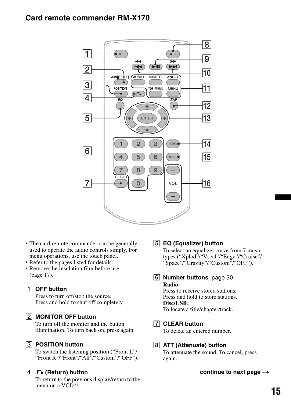 Card remote commander rm-x170 | Sony XNV-660BT User Manual | Page 15 / 248