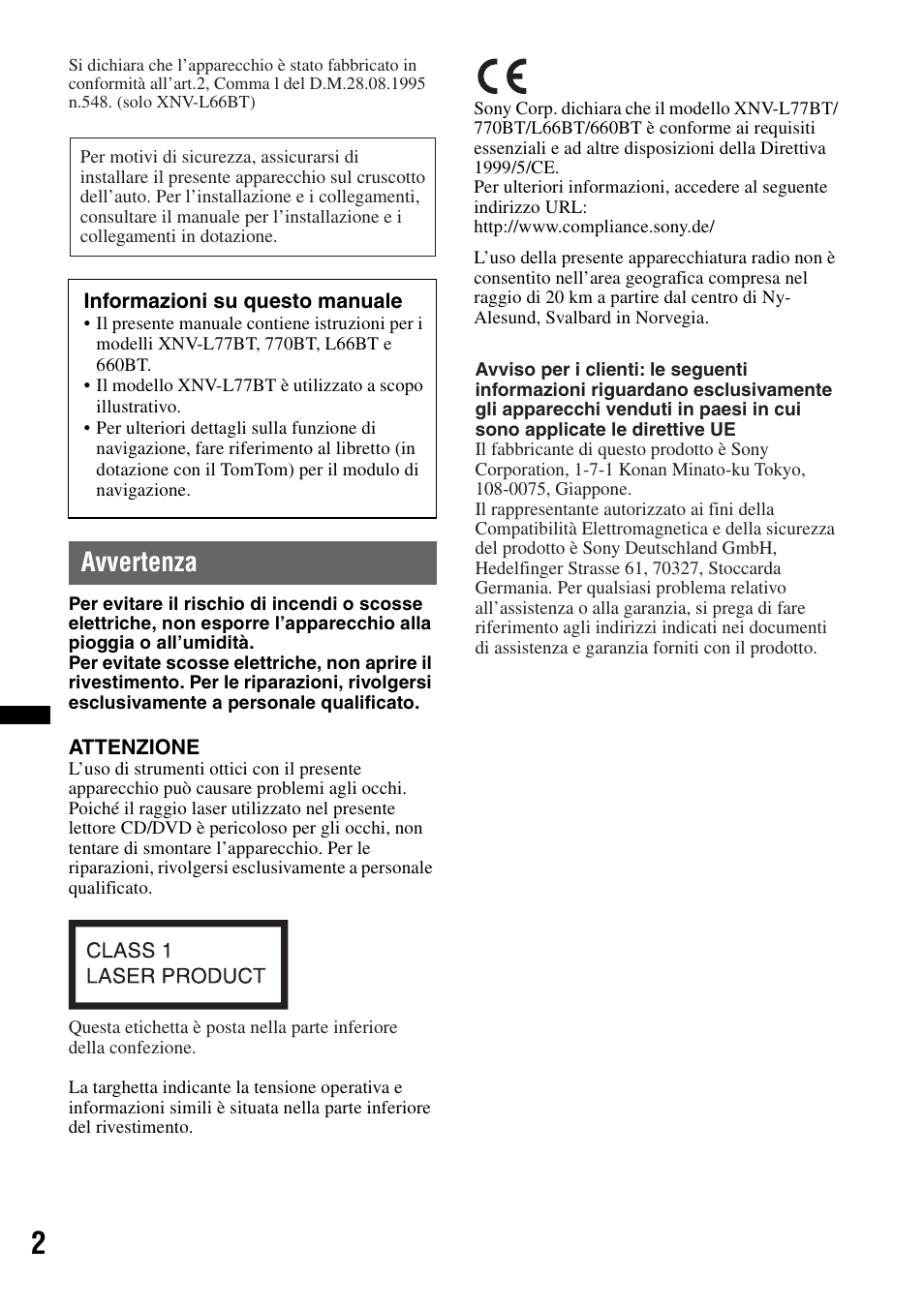 Avvertenza | Sony XNV-660BT User Manual | Page 162 / 248