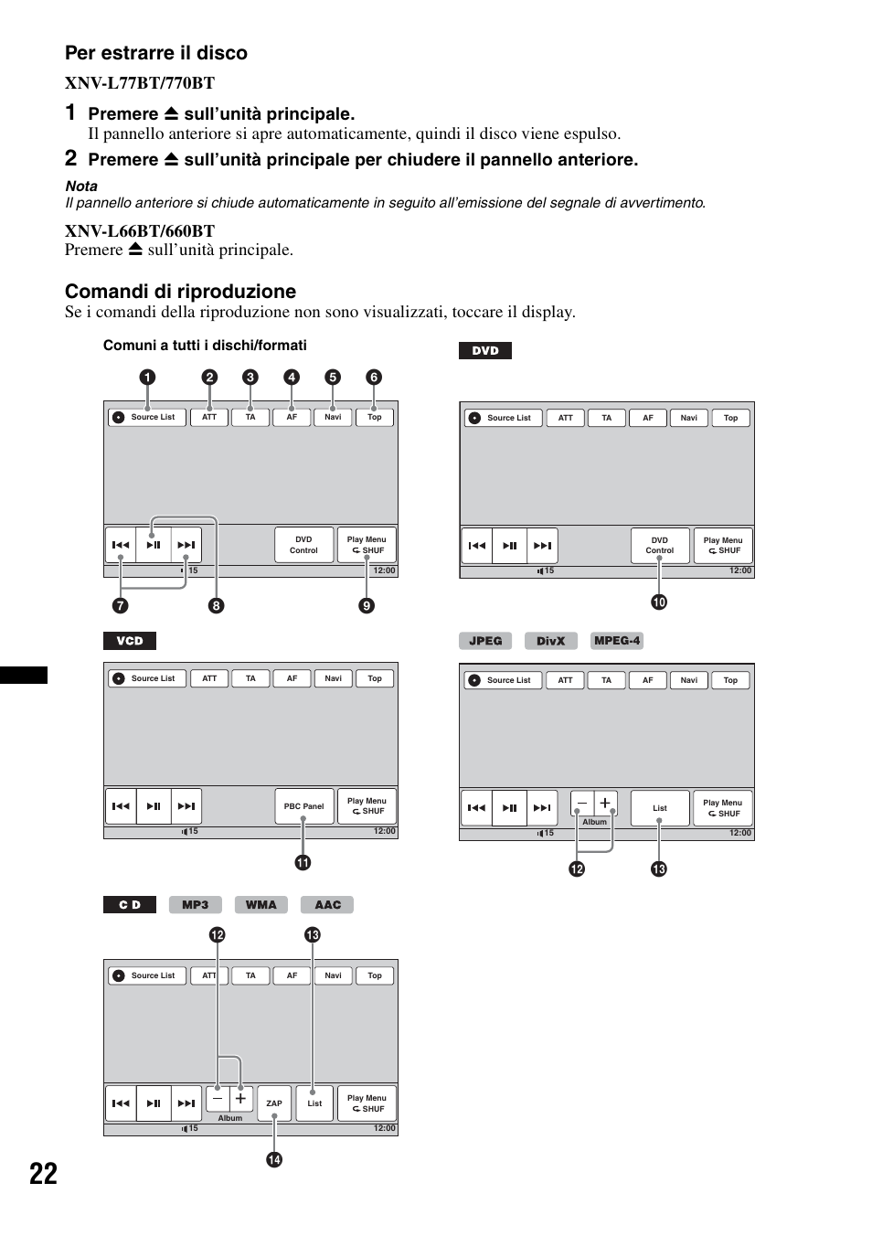 Per estrarre il disco, Comandi di riproduzione, Qd qs | Qf qd qs | Sony XNV-660BT User Manual | Page 182 / 248