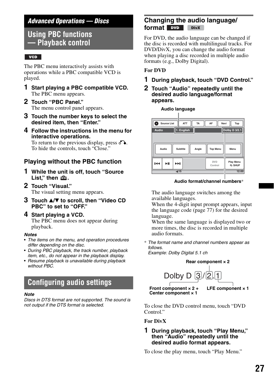 Advanced operations - discs, Using pbc functions - playback control, Configuring audio settings | Changing the audio language/ format, Advanced operations — discs, Using pbc functions — playback control, Changing the audio language/format, Dolby d 3 / 2, Playing without the pbc function | Sony XNV-660BT User Manual | Page 27 / 248