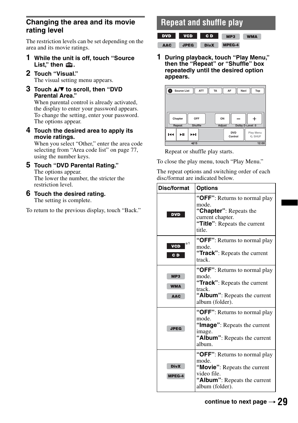 Changing the area and its movie rating level, Repeat and shuffle play | Sony XNV-660BT User Manual | Page 29 / 248