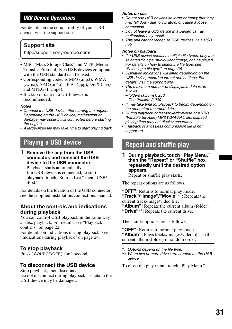 Usb device operations, Playing a usb device, Repeat and shuffle play | Sony XNV-660BT User Manual | Page 31 / 248