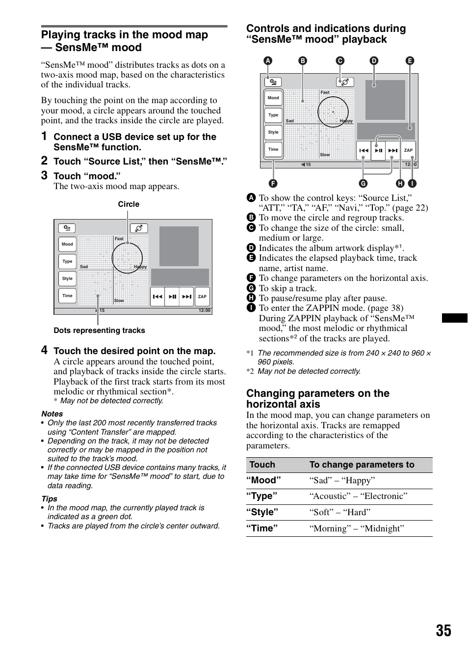 Playing tracks in the mood map - sensme™ mood, Playing tracks in the mood map — sensme™ mood, Changing parameters on the horizontal axis | Sony XNV-660BT User Manual | Page 35 / 248