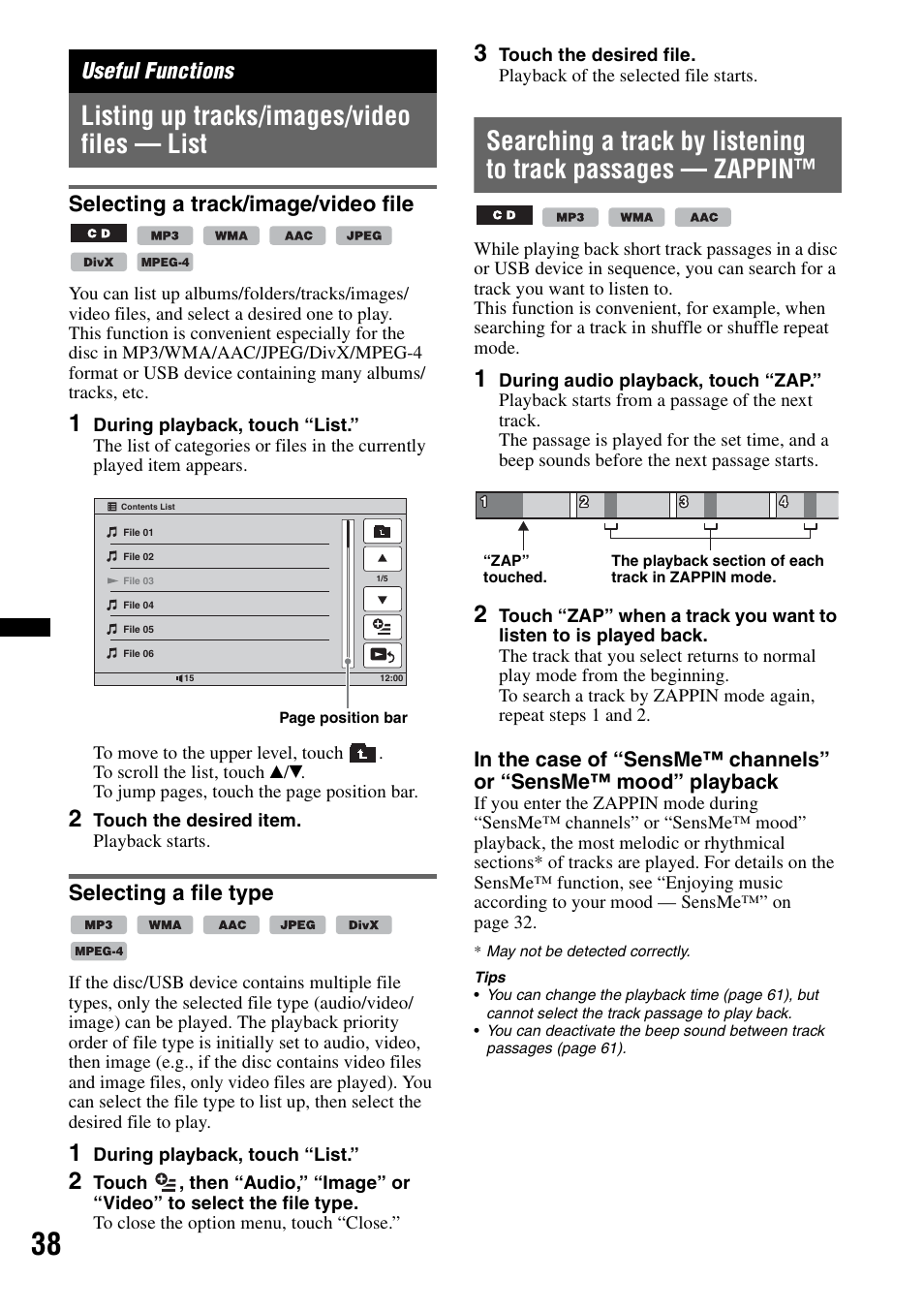 Useful functions, Listing up tracks/images/video files - list, Selecting a track/image/video file | Selecting a file type, Listing up tracks/images/video files — list | Sony XNV-660BT User Manual | Page 38 / 248