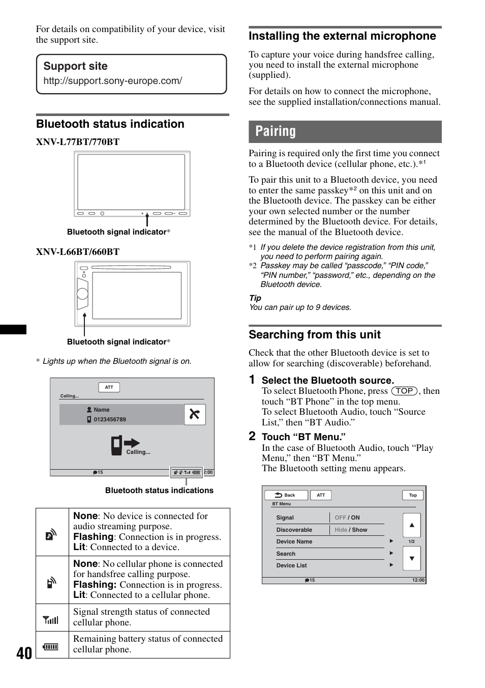 Bluetooth status indication, Installing the external microphone, Pairing | Searching from this unit, Support site | Sony XNV-660BT User Manual | Page 40 / 248