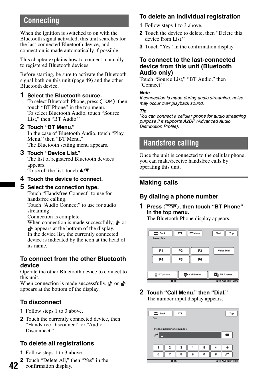 Connecting, Handsfree calling, Making calls | By dialing a phone number | Sony XNV-660BT User Manual | Page 42 / 248