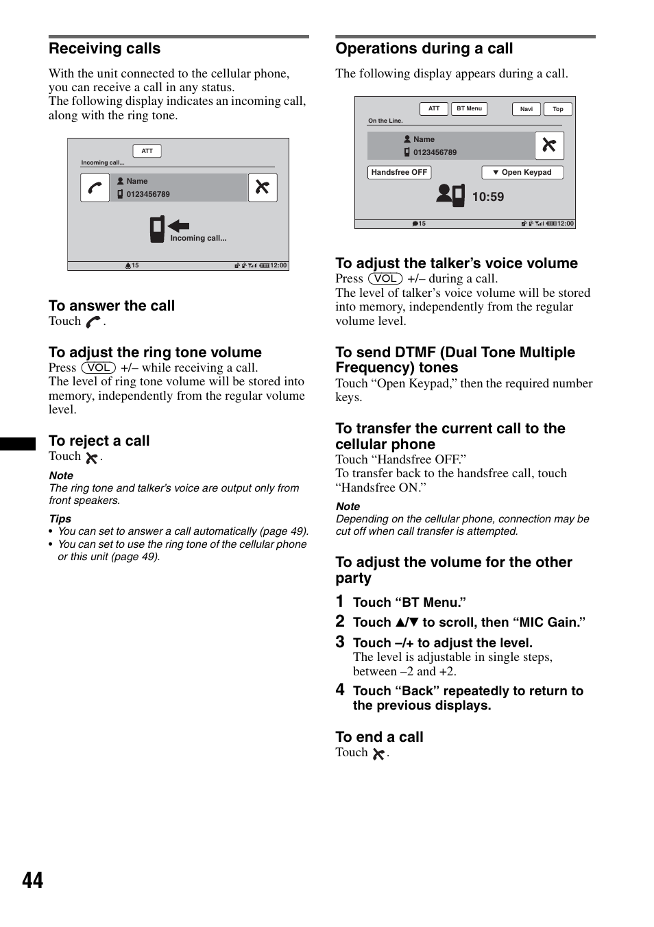 Receiving calls, Operations during a call, Receiving calls operations during a call | Sony XNV-660BT User Manual | Page 44 / 248