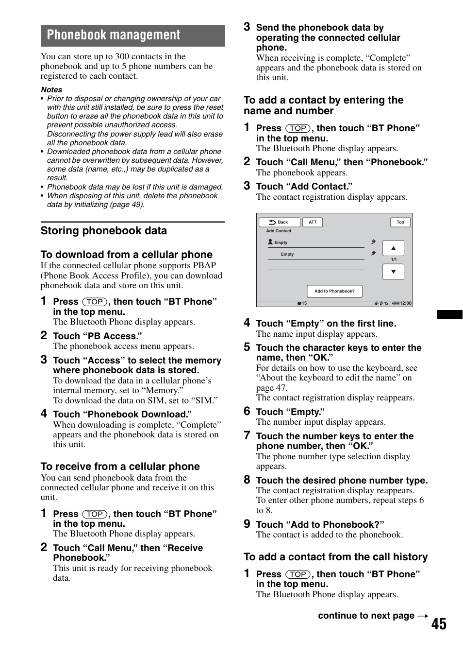 Phonebook management, Storing phonebook data | Sony XNV-660BT User Manual | Page 45 / 248